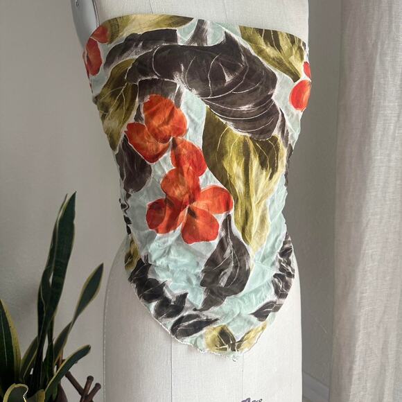 Foliage Floral Scarf Beige Blue Silk Vintage Sheer Print Boho Hand Roll - Picture 1 of 3